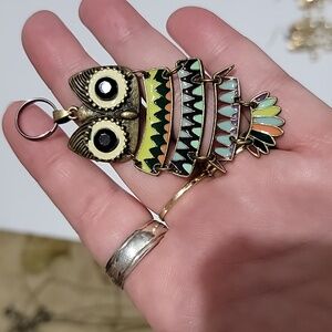 Owl pendant gold tone enamel body multicolor  2.75" tall